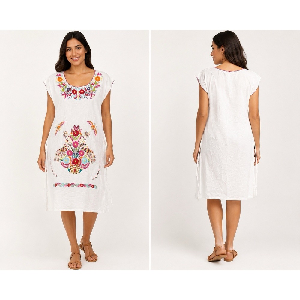 Hand Embroidered Mexican Tunic Dress White Cotton Peacock Floral Boho Est M/L